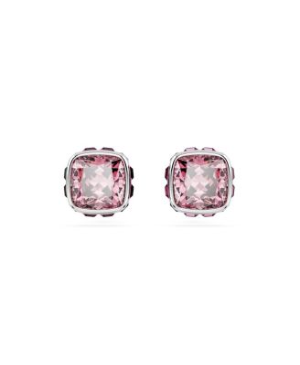 Rhodium Plated Square Cut Color Birthstone Stud Earrings