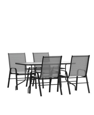 Five Piece Patio Table Set With Metal Table With Tempered Glass Top And 4 Flex Comfort Stacking Chairs