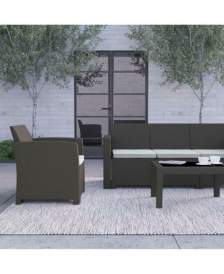 Vivian 4 Piece Faux Rattan Patio Furniture Set With 2 Chairs And Sofa With Removable Beige Cushions And Table