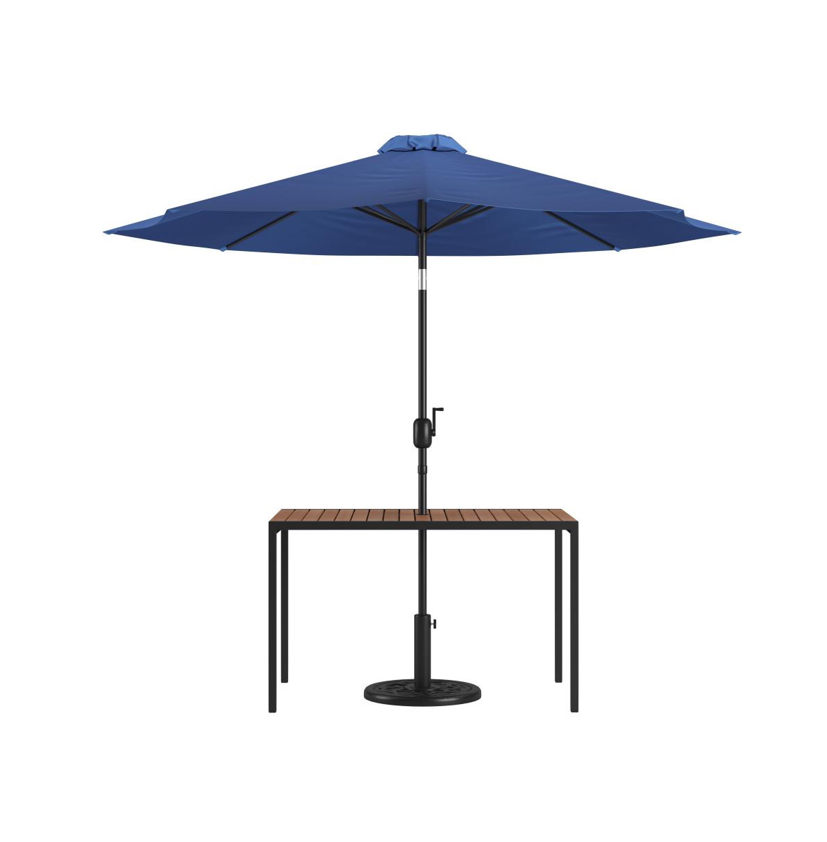 Outdoor Powder Coated Steel Dining Table With Faux Teak Poly Slat Top, 9' Patio Umbrella And Base - Navy