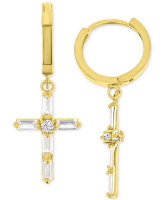 Macy's - Cubic Zirconia Round & Baguette Cross Dangle Hoop Drop Earrings in 14K Gold