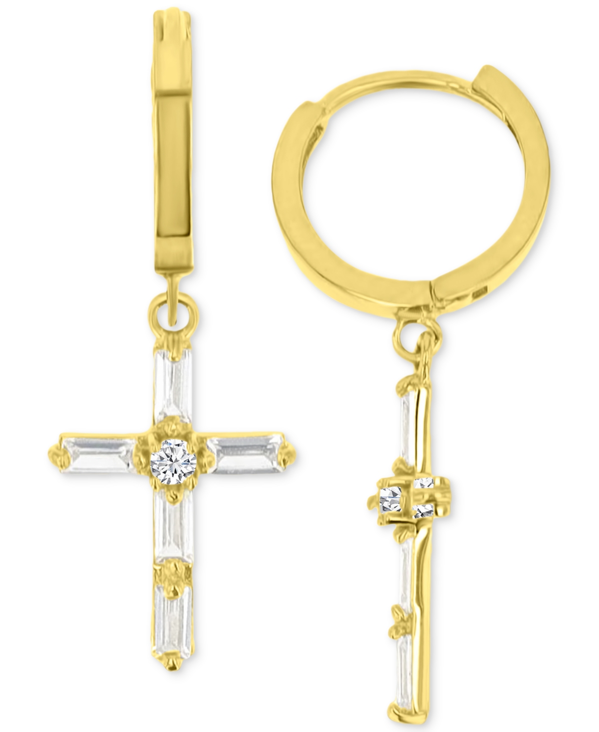 Cubic Zirconia Round & Baguette Cross Dangle Hoop Drop Earrings in 14K Gold - Gold
