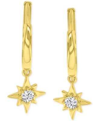 Cubic Zirconia Star Dangle Hoop Drop Earrings in 14K Gold