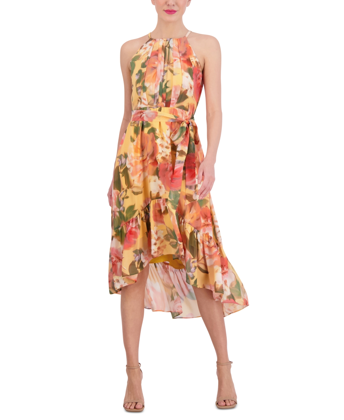 Shop Vince Camuto Petite Printed Chiffon Halter Dress In Yellow