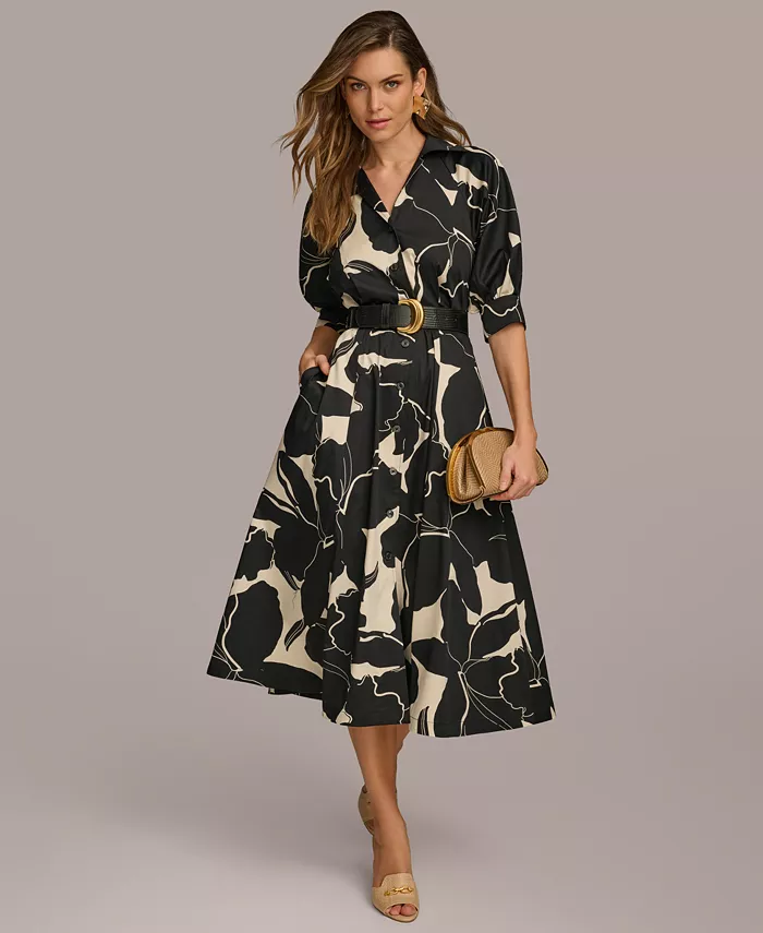 Women's Printed Faux-Leather Belt Midi Shirtdress