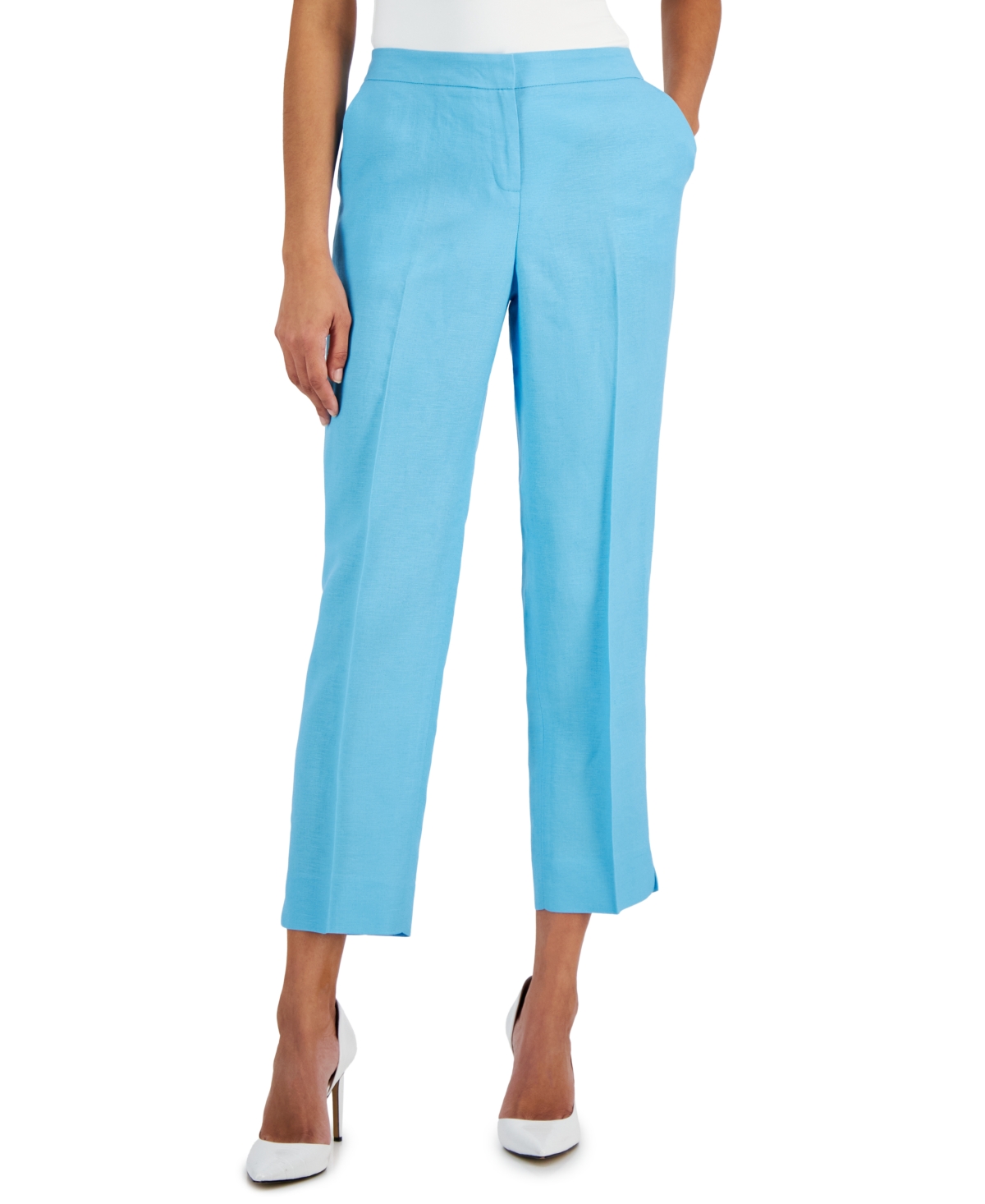 Shop Kasper Petite Linen-blend Mid Rise Straight-leg Zip-front Pants In Light Azure