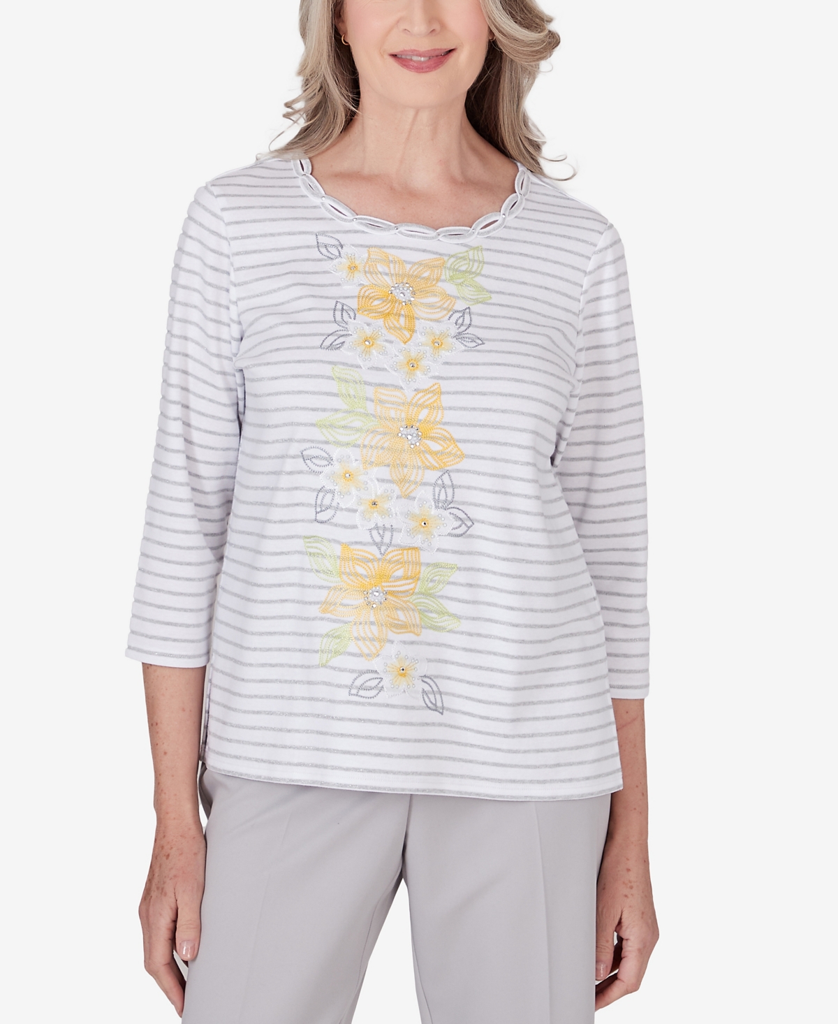 Shop Alfred Dunner Petite Charleston Striped Floral Embroidered Top In Pearl
