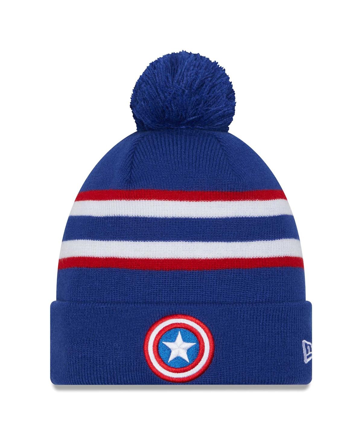 Shop New Era Men's And Women's  Black Captain America Cuffed Knit Hat With Pom In Blue