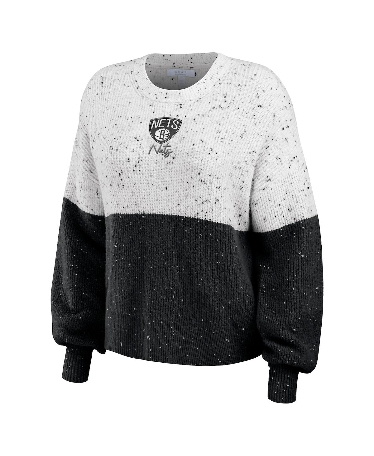 WEAR BY ERIN ANDREWS WOMEN'S WEAR BY ERIN ANDREWS WHITE, BLACK BROOKLYN NETS COLOR-BLOCK PULLOVER SWEATER 
