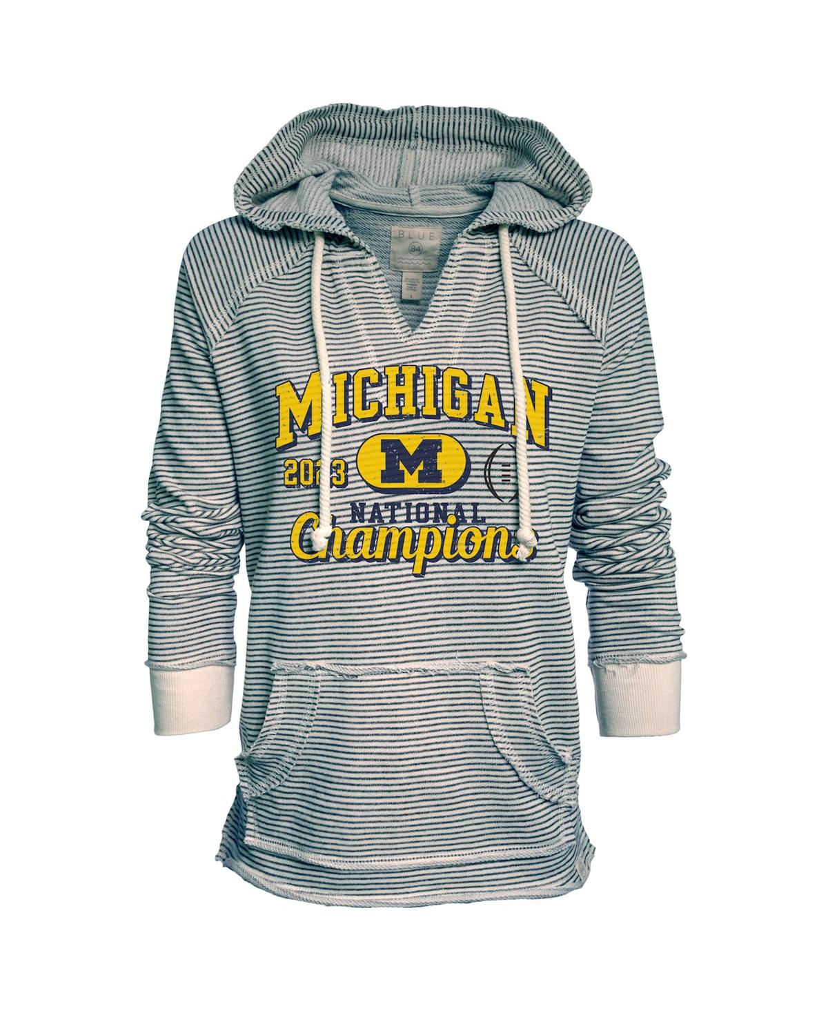 Women's Blue 84 Navy Michigan Wolverines College Football Playoff 2023 National Champions Striped French Terry V-Neck Pullover Hoodie - Navy