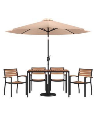 Chara 7 Piece Dining Set With Umbrella & Base - Steel Framed Table With Umbrella Hole & 4 Club Chairs
