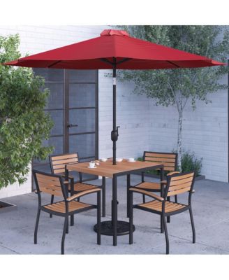 Hampstead Seven Piece Faux Teak Patio Dining Set Includes Table, Four Club Chairs, 9' Patio Umbrella And Base