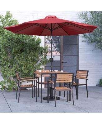 Hampstead Seven Piece Faux Teak Patio Dining Set Includes Table, Four Club Chairs, 9' Patio Umbrella And Base