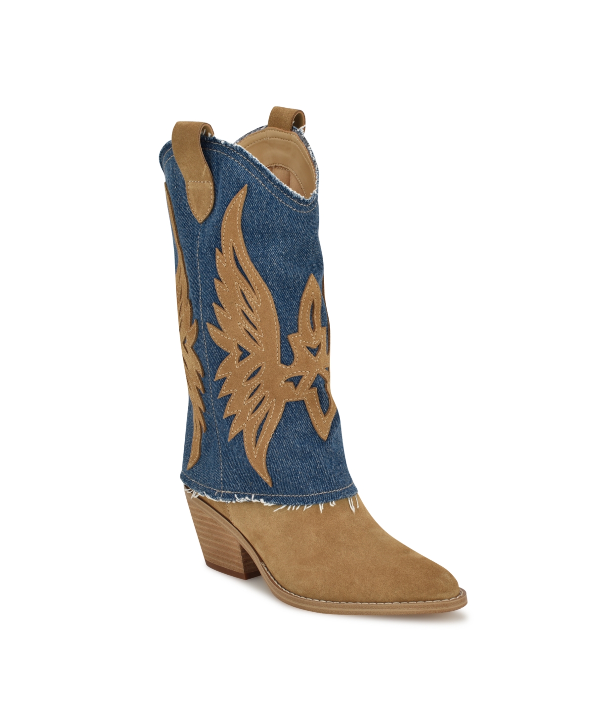 Nine West Women's Ringer Block Heel Pointy Toe Western Boots - Blue Denim- Suede, Textil