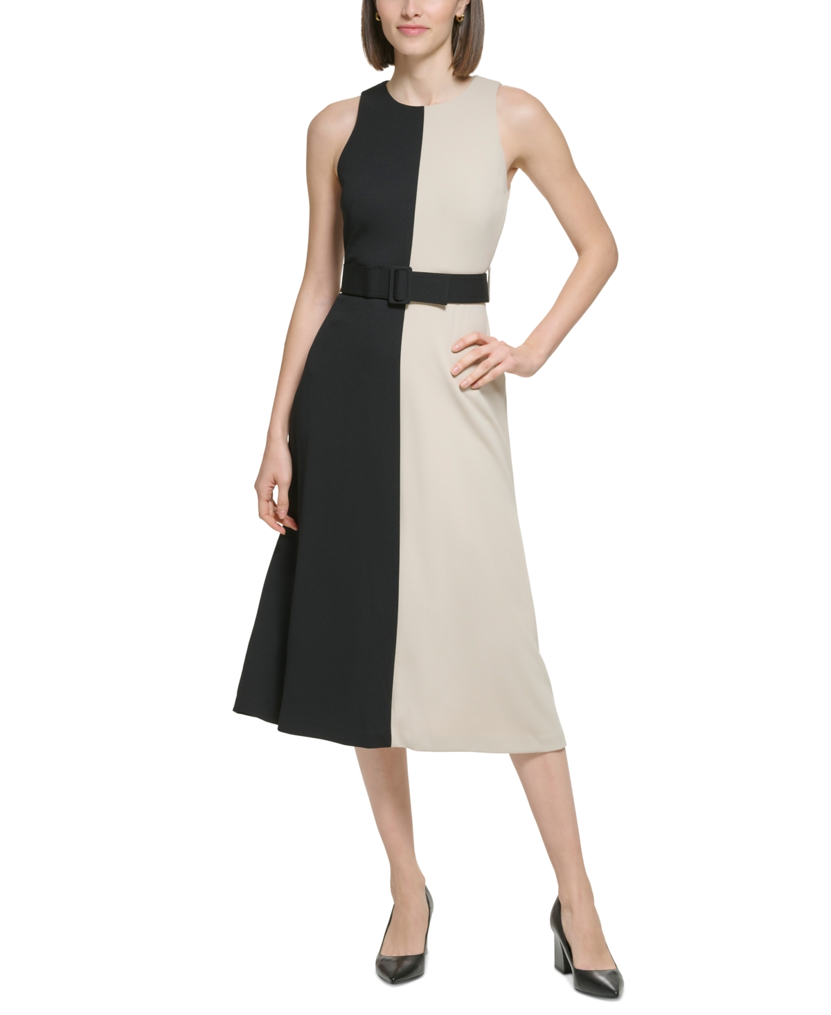 Shop Calvin Klein Petite Colorblocked Belted Scuba Crepe Dress In Black Khaki