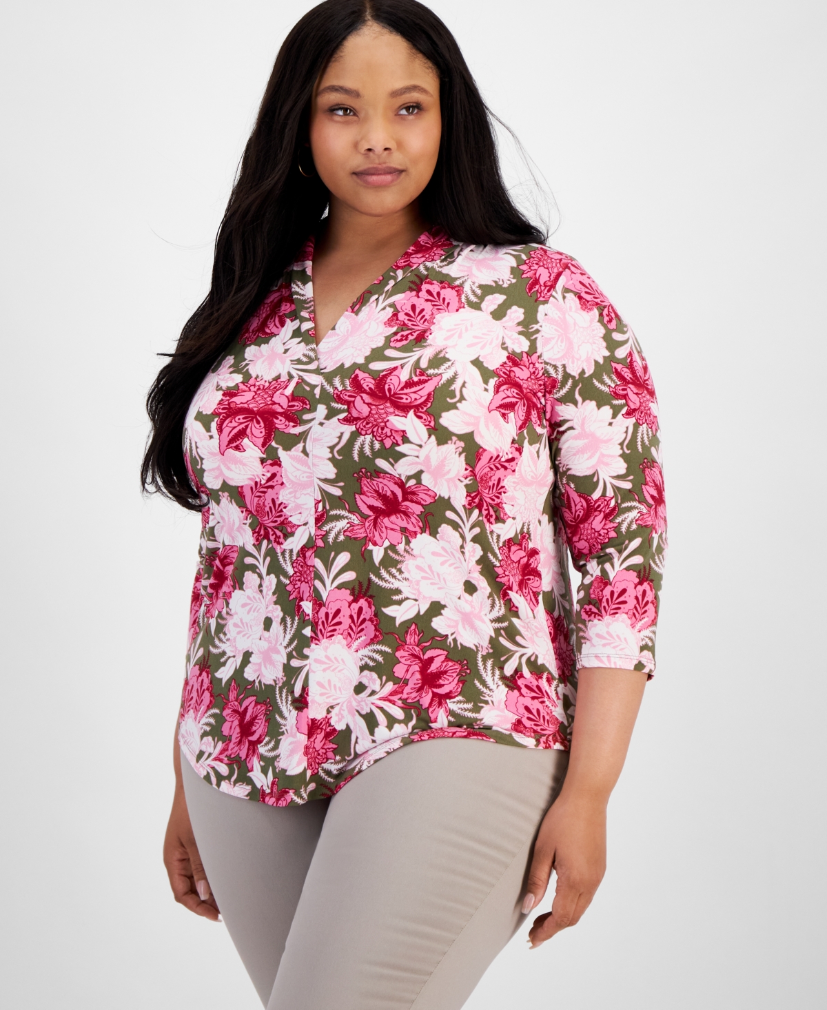 Plus Size Linear Garden V-Neck Top, Created for Macy's - Army Green Combo