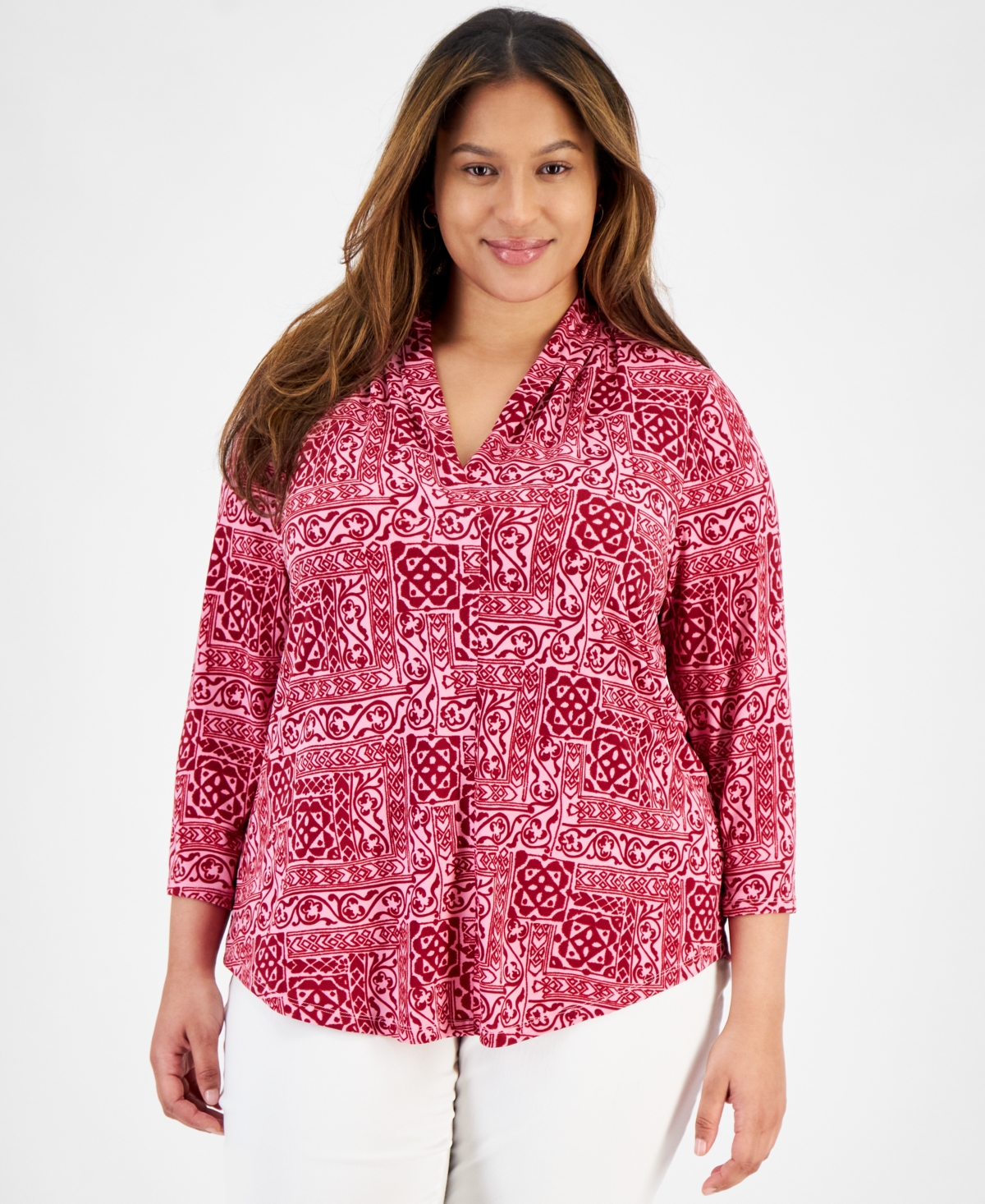 Plus Size Printed V-Neck 3/4 Sleeve Top, Created for Macy's - Blossom Berry Combo