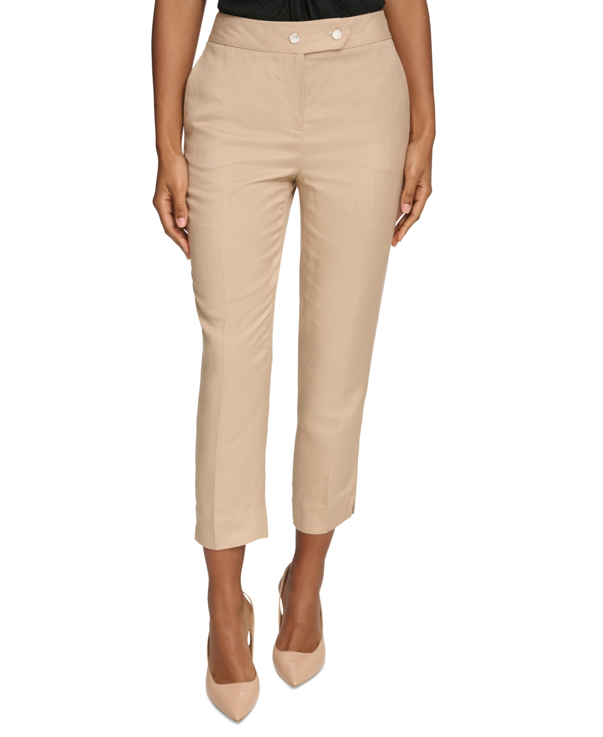 Shop Calvin Klein Petite Linen-blend Straight-leg Pants In Nomad