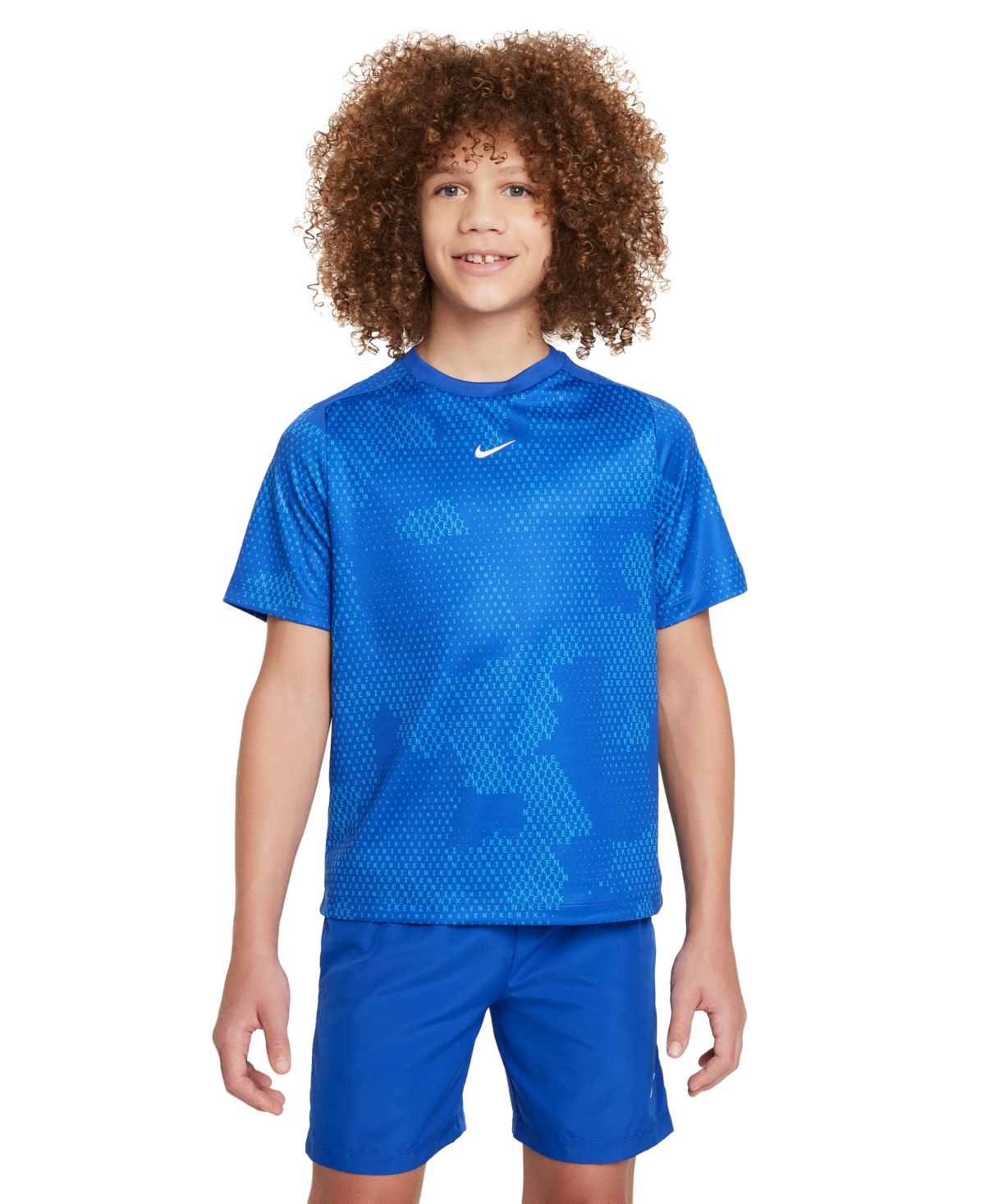 Shop Nike Big Boys Multi Dri-fit Short-sleeve Printed Top In Game Royal,white