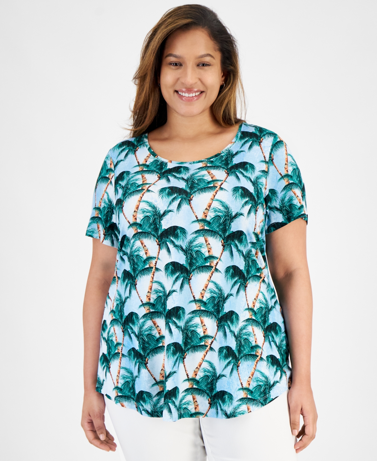 Shop Jm Collection Plus Size Tropical Overlay Short-sleeve Top, Created For Macy's In Icicle Blue Combo