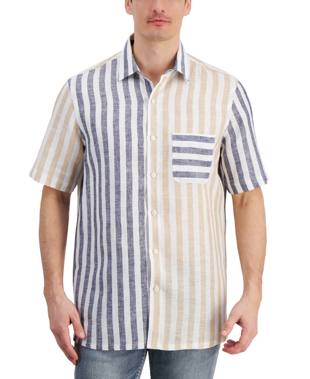 Men's Alba Block Cabana Stripe Linen Shirt, Created for Macy's - Navy Blue