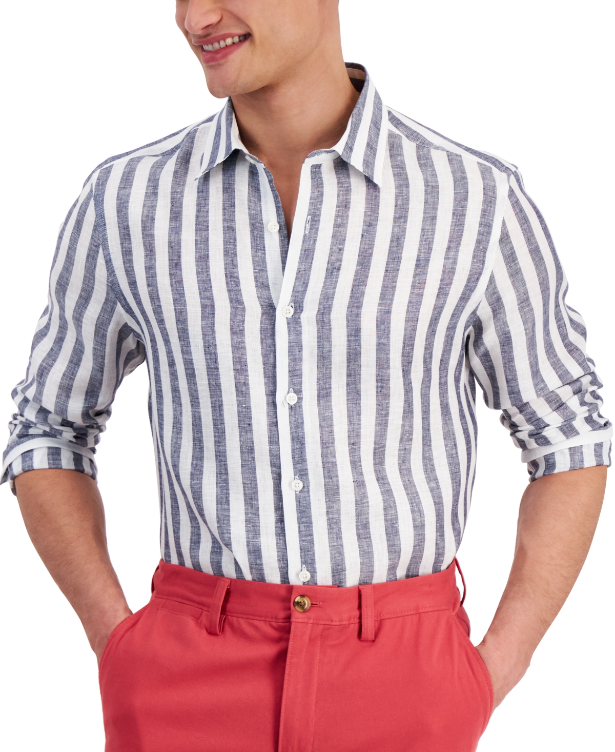 Men's Alba Stripe Long-Sleeve Linen Shirt, Created for Macy's - Navy Blue