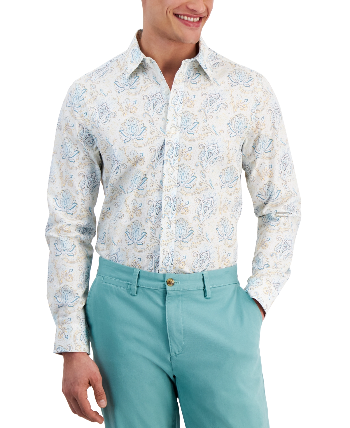 Men's Folara Paisley-Print Refined Cotton Shirt, Created for Macy's - Bright White