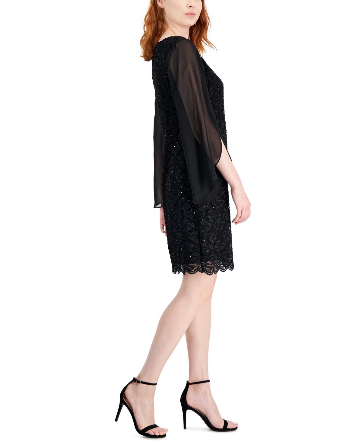 Connected Petite Round-Neck Long-Cape-Sleeve Lace Dress