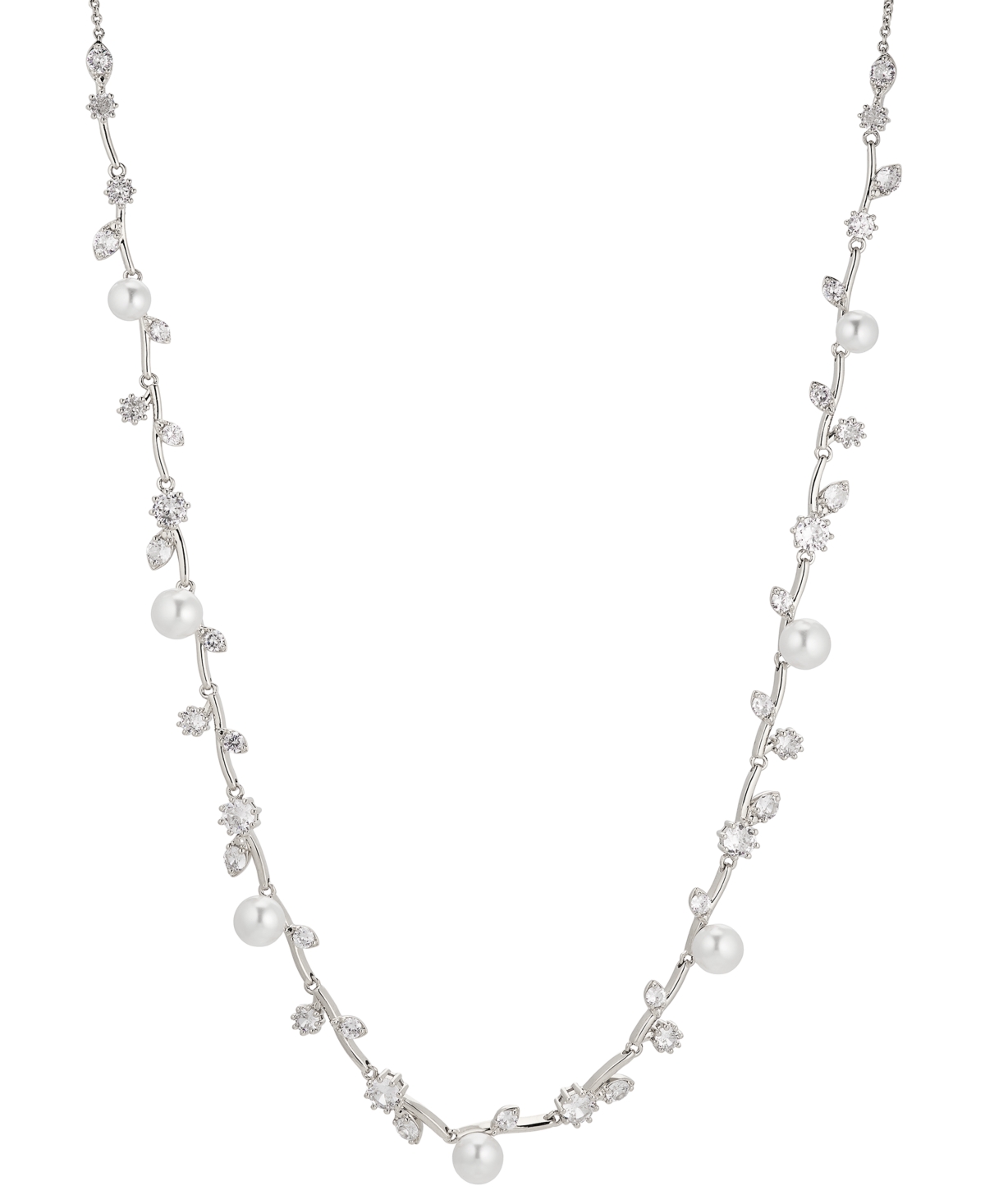 Rhodium-Plated Cubic Zirconia & Imitation Pearl Vine 18" Adjustable Statement Necklace, Created for Macy's - Rhodium