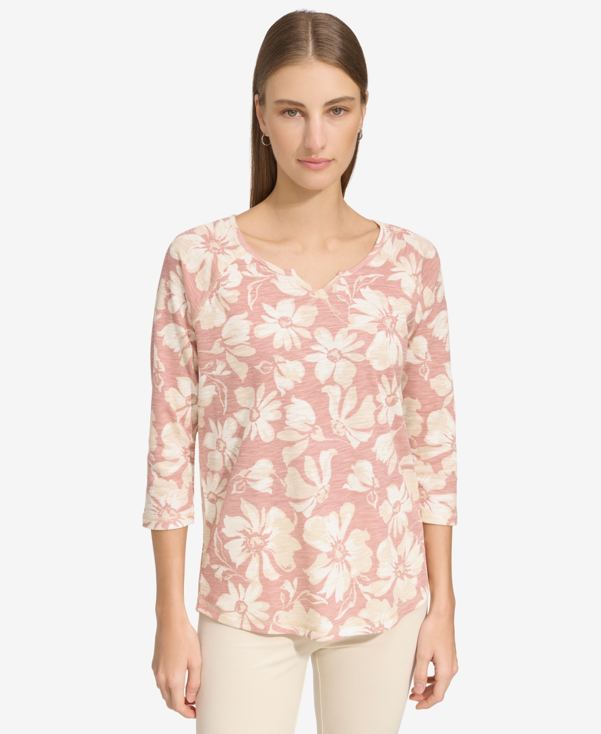 Shop Marc New York Andrew Marc Sport Women's 3/4-sleeve Waffle-knit Tee In Rose Multi Floral