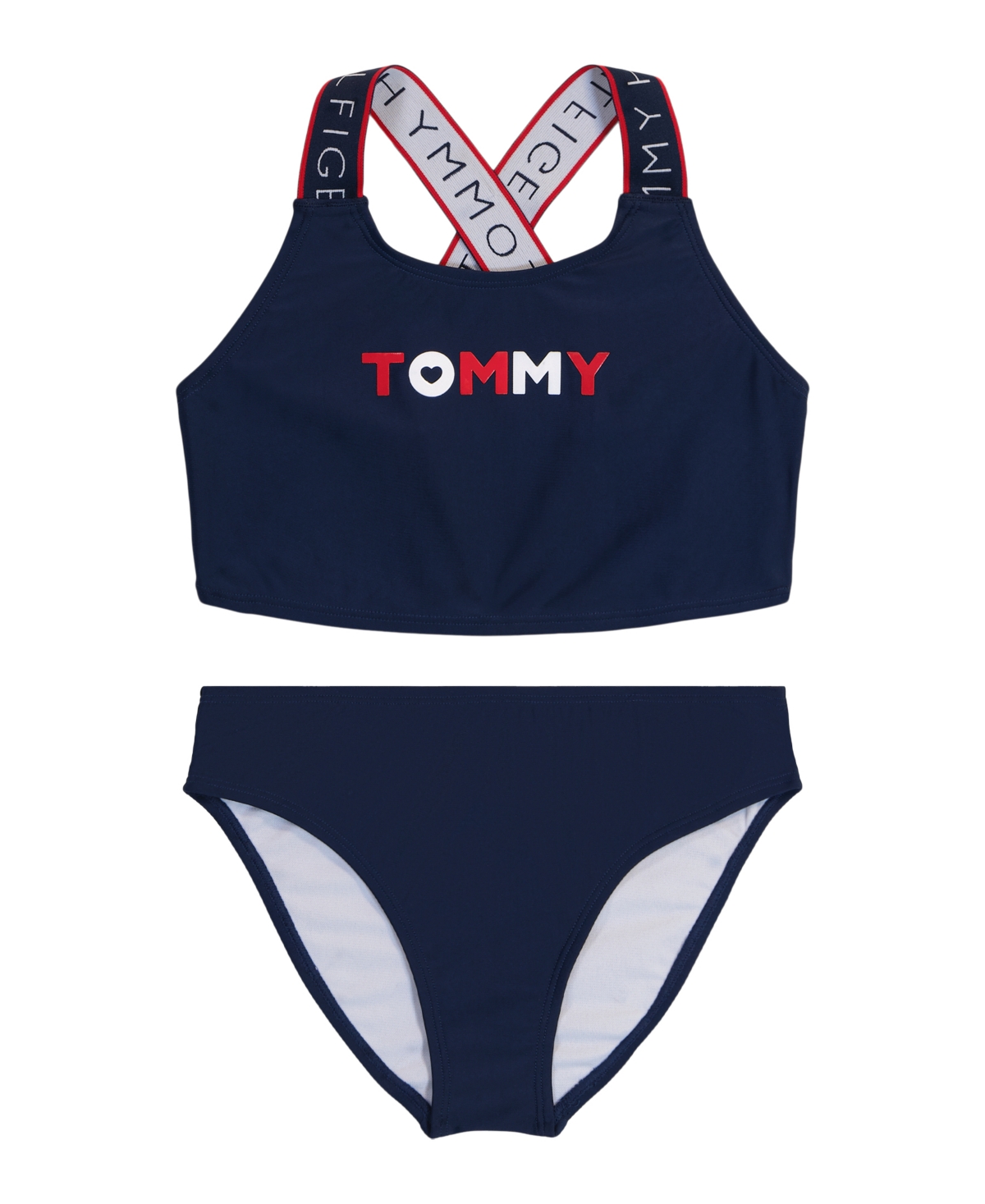 Shop Tommy Hilfiger Big Girls Logo Strap Two Piece Swimsuit In Dark Blue