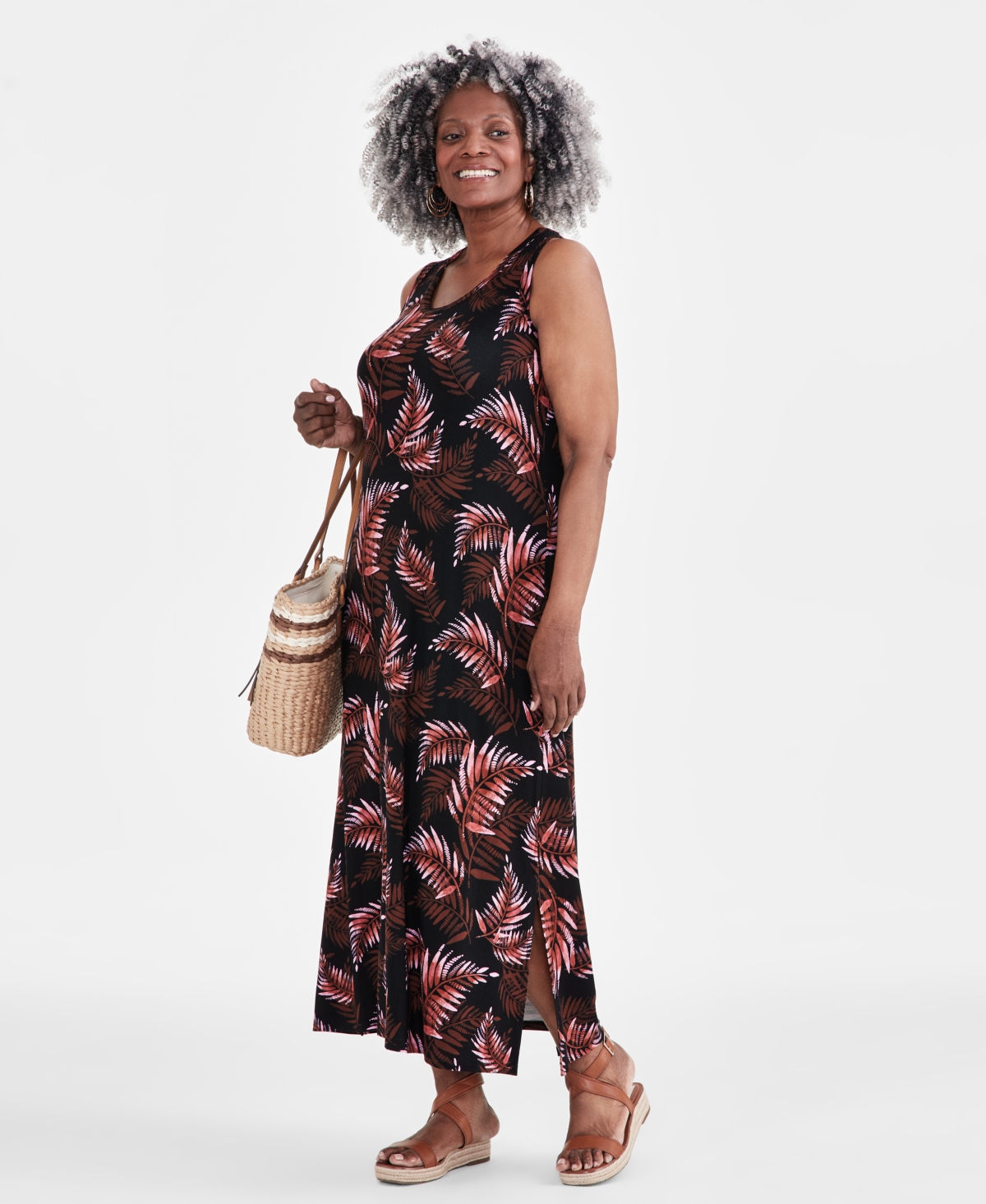 Shop Style & Co Plus Size Printed Sleeveless Maxi Dress, Created For Macy's In Palm Black