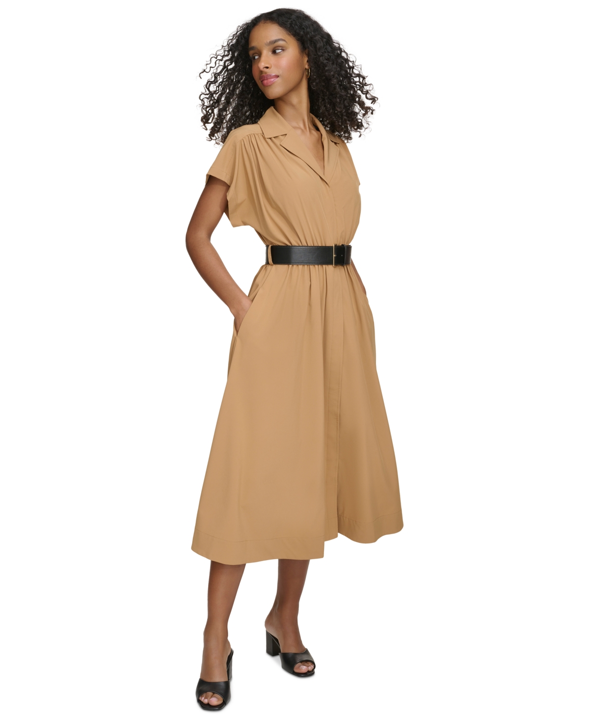 Shop Calvin Klein Women's Belted A-line Shirtdress In Luggage