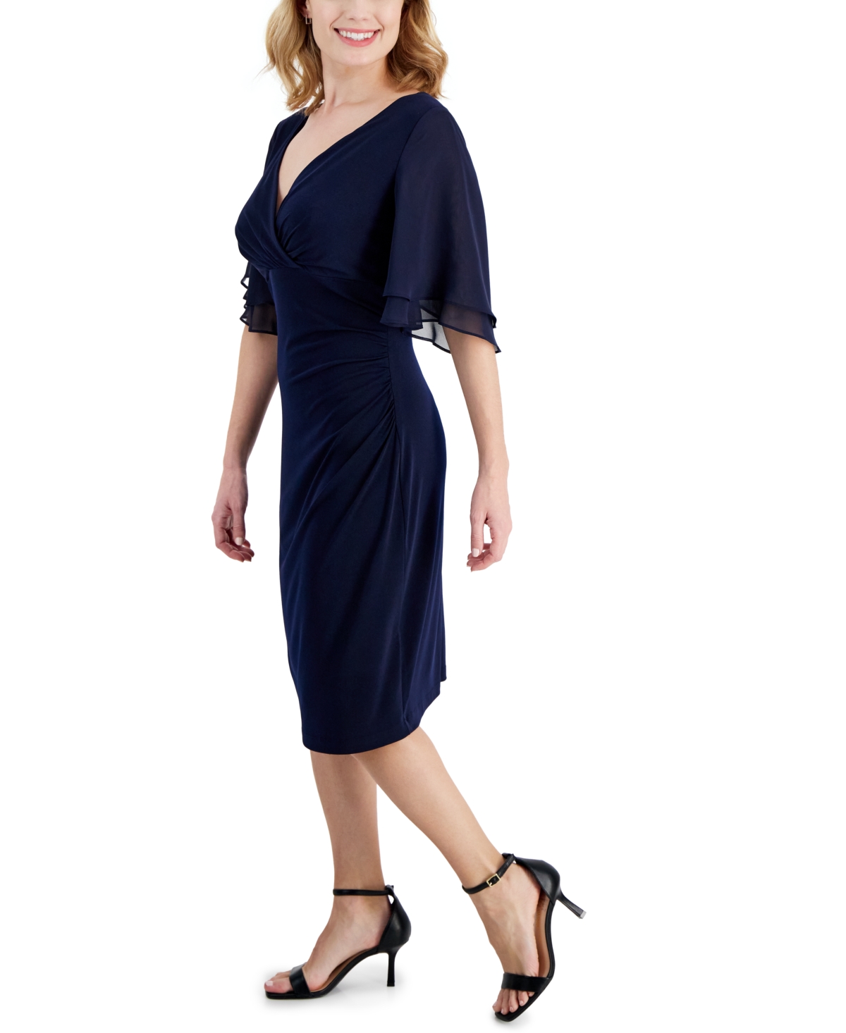 Shop Connected Petite Flutter-sleeve Sheath Dress In Navy