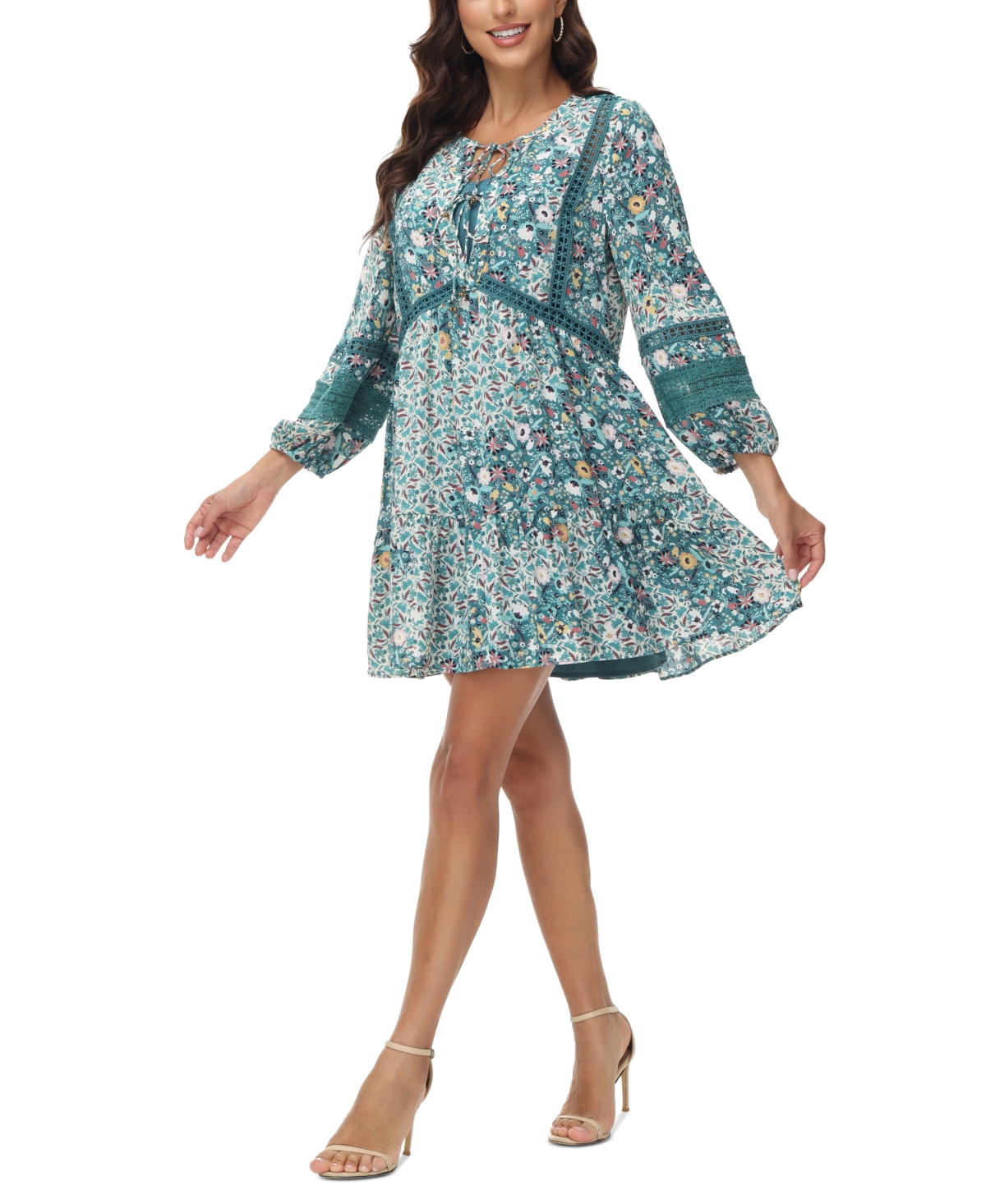 Shop Frye Women's Dahlia Printed Lace-trim Babydoll Dress In Meadowbrooke