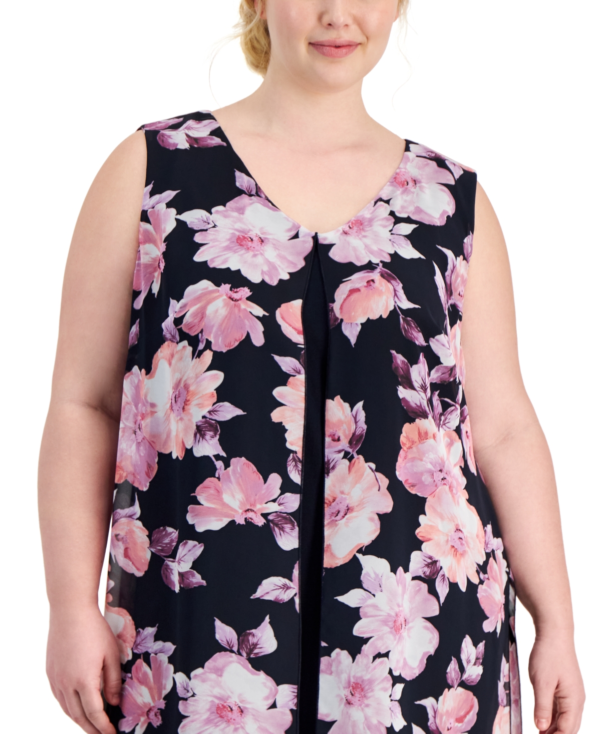 Shop Connected Plus Size Sleeveless Printed Overlay Dress In Navy,mauve