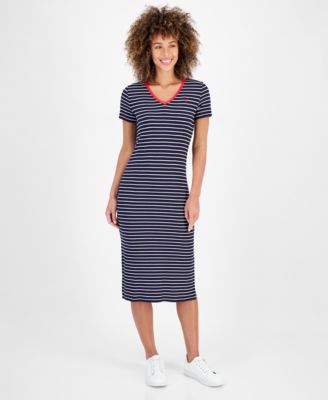 Women s Striped Rib Knit Midi T Shirt Dress