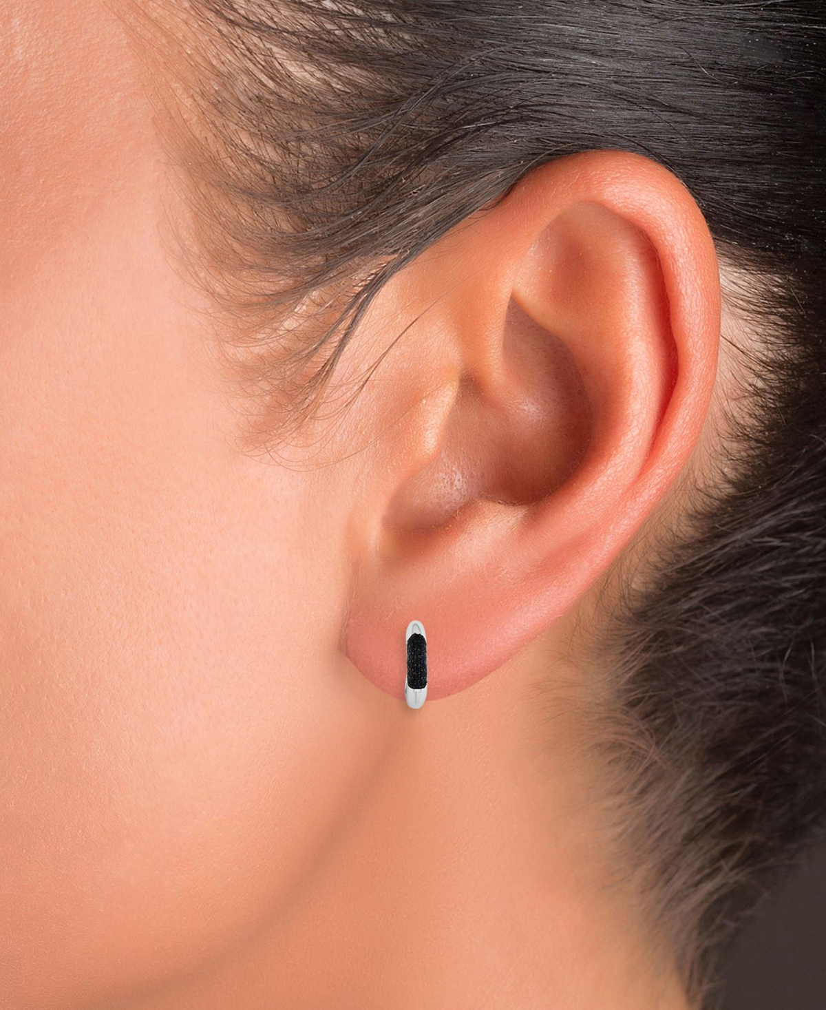 Shop Macy's Black Spinel Wide Width Small Huggie Hoop Earrings (1/2 Ct. T.w.) In Sterling Silver, 0.55"