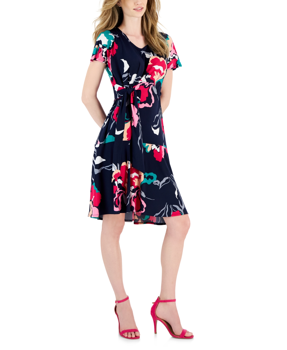 Petite Printed Tied-Side Fit & Flare Dress - Navy/pink/