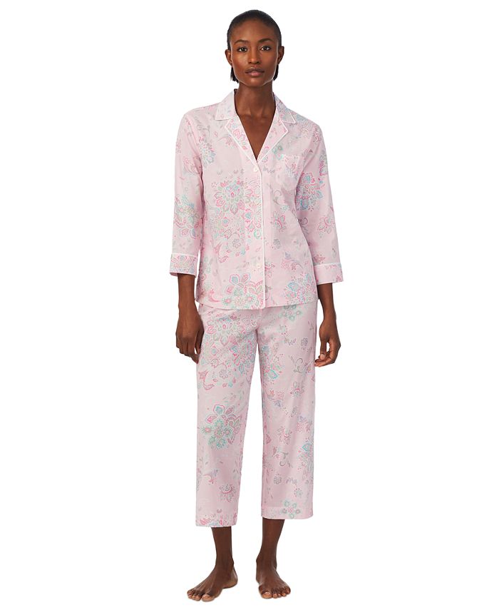 Lauren Ralph Lauren Petite Size Paisley Print 34 Sleeve Notch Collar Woven Pajama Set - PL