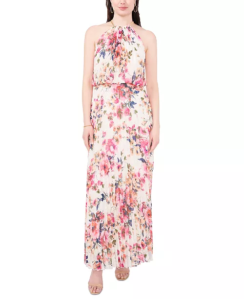 petite pleated metallic-neck gown