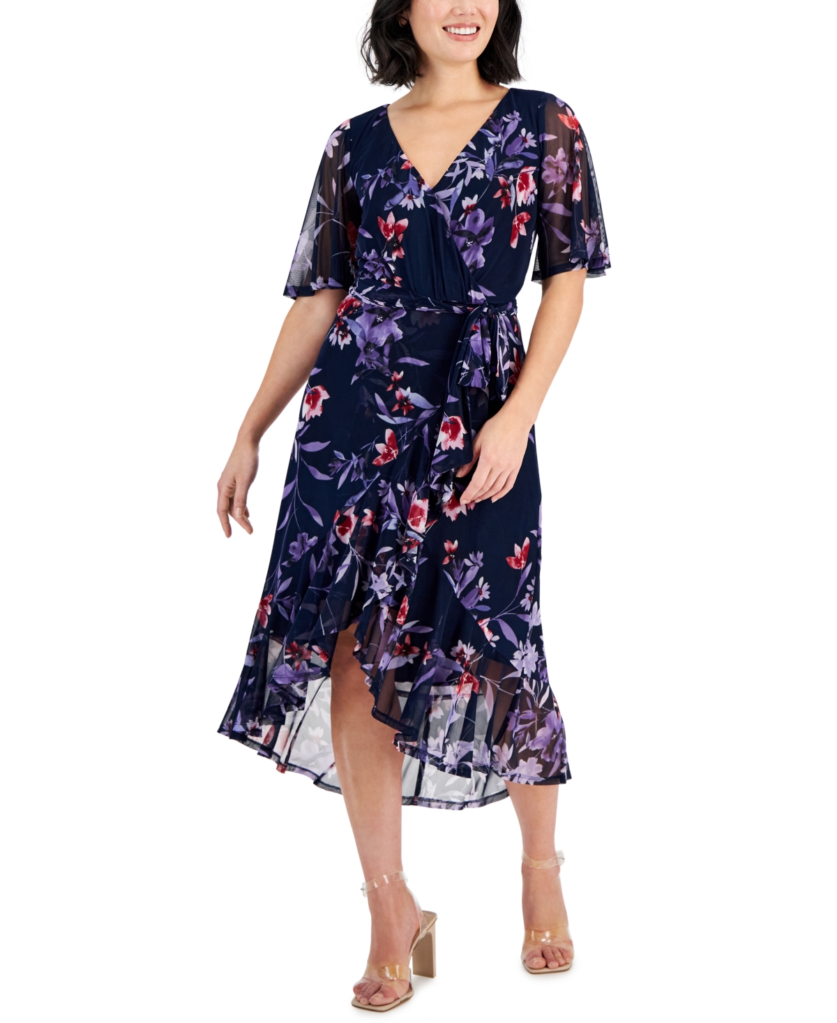 Connected Women's Printed Faux-wrap Ruffle-trim Dress In Navy