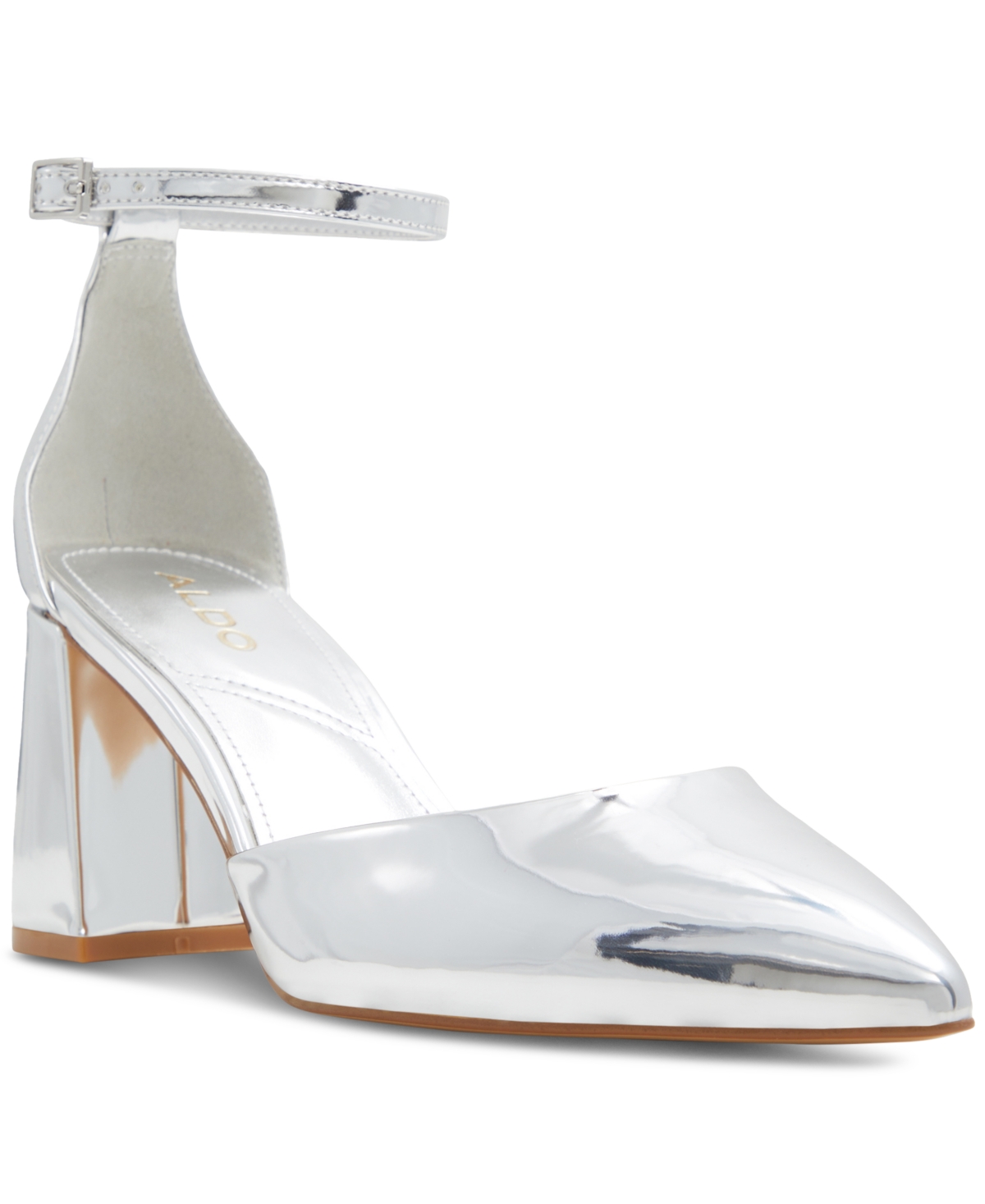 Shop Aldo Women's Jan Pointed Toe Ankle-strap Block-heel Sandals In Silver Mirror