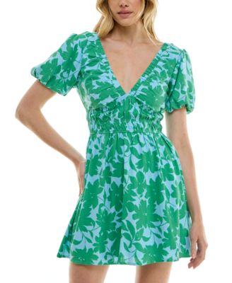 Trixxi - Juniors' Floral-Print Ruched-Waist Puff-Sleeve Dress
