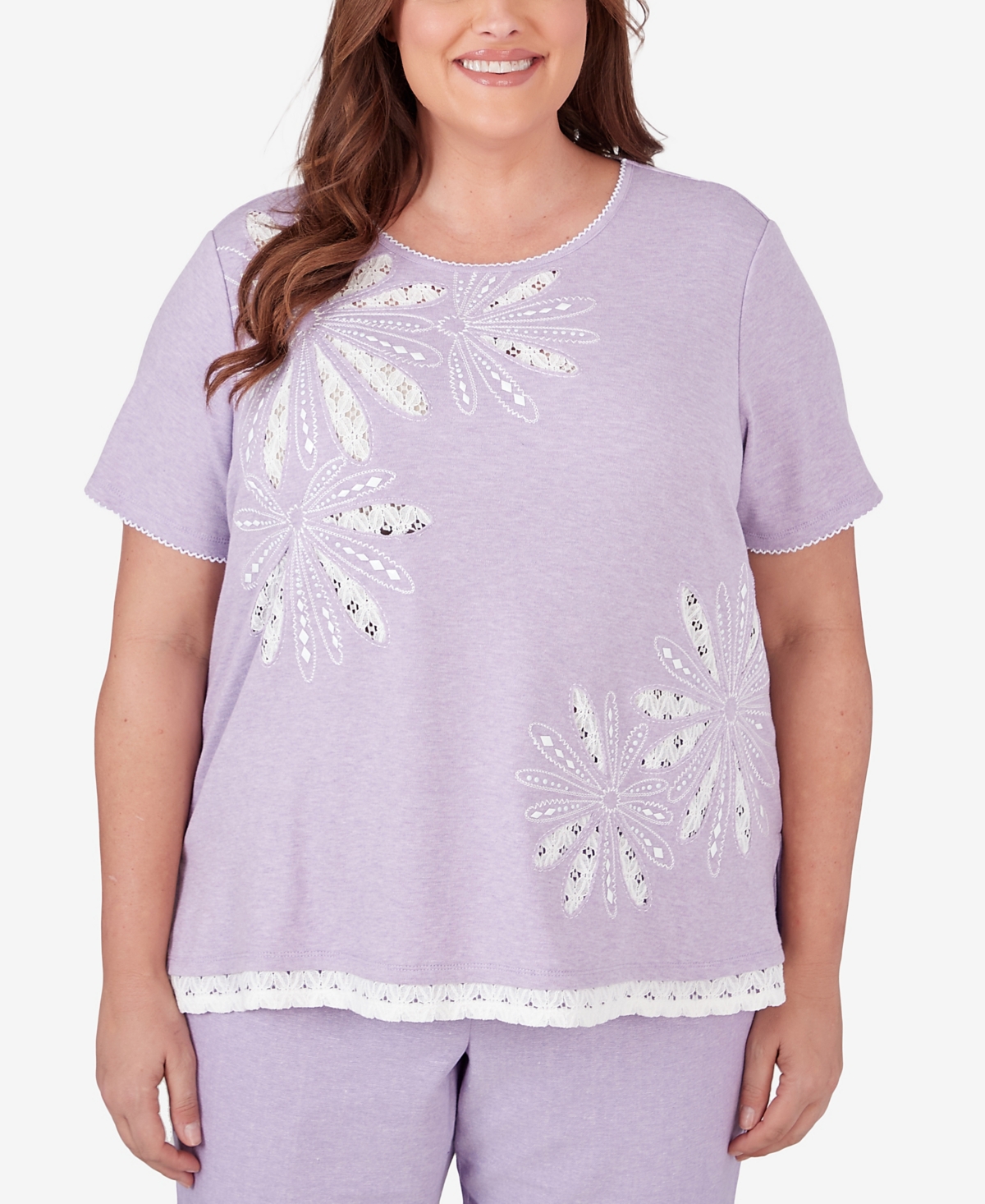 Shop Alfred Dunner Plus Size Garden Party Flower Top With Lace Trim In Lavender