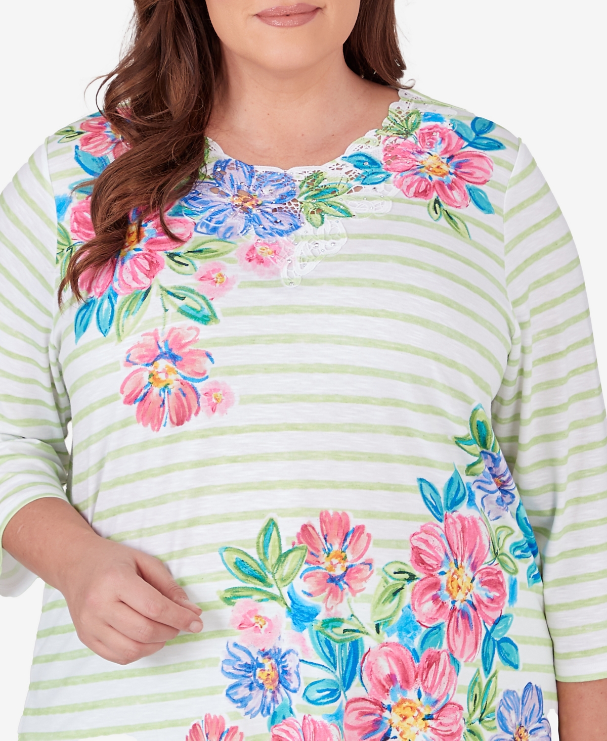Alfred Dunner Plus Size Miami Beach Asymmetrical Stripe Floral Top