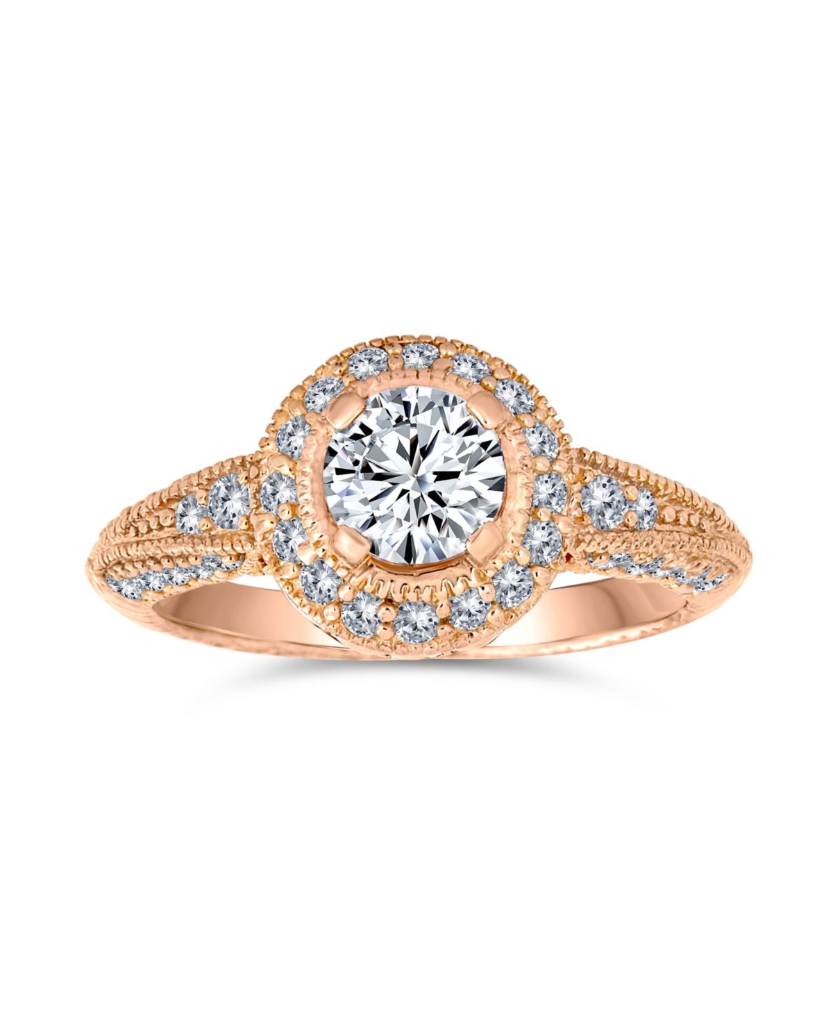 Art Deco StyleMilgrain Edge Halo Aaa Cubic Zirconia Circlet Round Solitaire Engagement Ring Rose Gold Plated .925 Sterling Silver - Rose