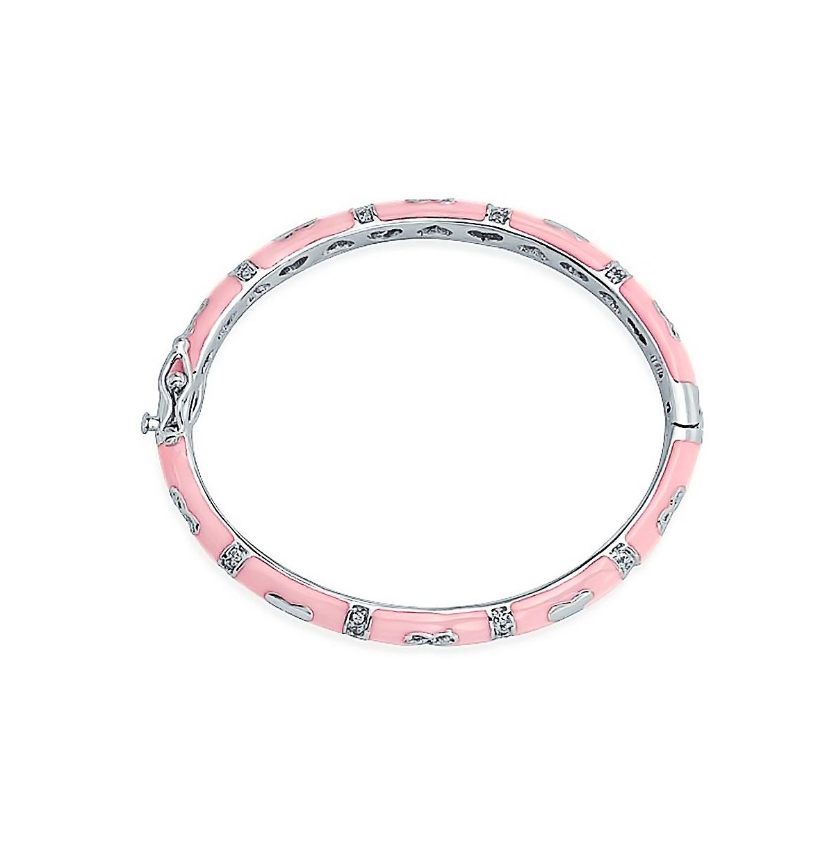 Tiny Bangle Bracelet For WomenEnamel Cz Cubic Zirconia Pave Hearts Rhodium Plated Brass For Wrists 6 Inches - Pink