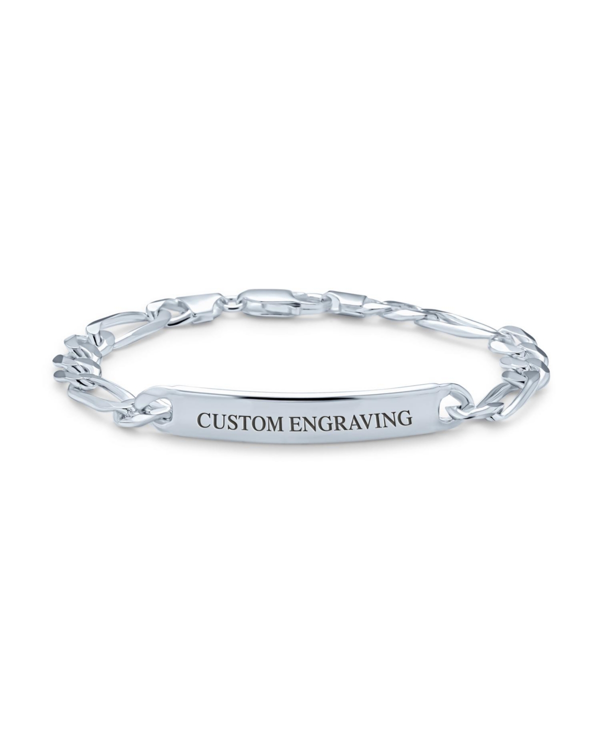 Bling Jewelry Bar Name Plated identification Id Bracelet For Men 6.5 Mm Figaro Chain Link 250 Gauge .925 Sterling Silver Made In Italy - Silver figaro