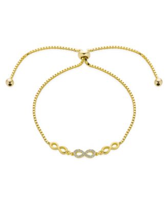Delicate Dainty Symbols Love Knot Trio Multi CZ Accent Infinity Bolo Bracelet Yellow Gold Plated Sterling Silver Adjustable Slide